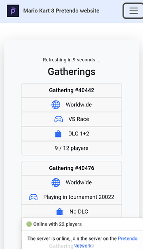 Mario Kart 8 website showing server status
