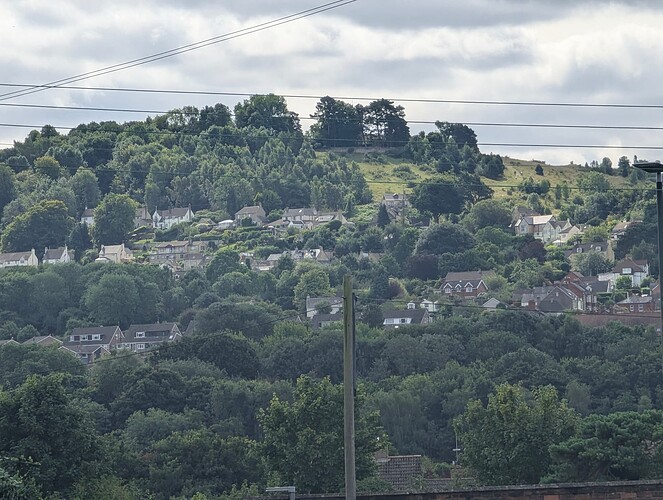 Picture of houses on a hill with a telephone pole in the way