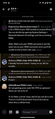 Post on Discord: "Q: I am getting error code 104-1970 on splatoon! What can i do to fix it? A: Its likely a server issue, and all you can do is wait. There is no ETA (Estimated Time of Arrival) on when this is will be fixed."