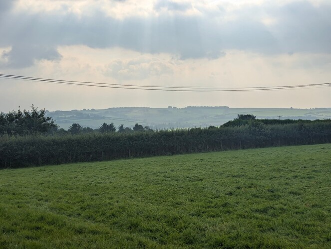 High quality landscape image of electricity pylons, a hedge and hills