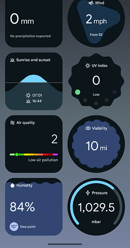 Google Weather app, shows precipitation, wind, sunrise/sunset, UV index, air quality, visibility, humidity and pressure