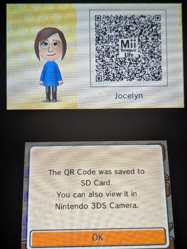 Shows a QR code for a female Mii named Jocelyn