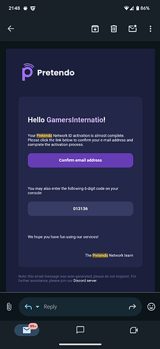 Pretendo Network confirmation email, shows a code to verify email or a link to verify email